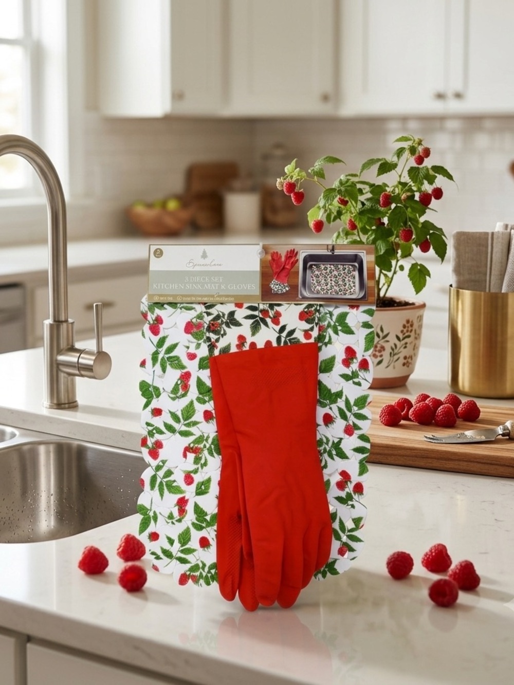 🌸 New Spruce Lane Strawberries Kitchen Sink and Kitchen Hand Gloves, Red